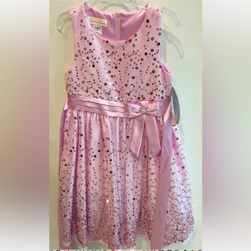 Girls (7-16) Sequin Net Dress American princess knee length dress Pink color